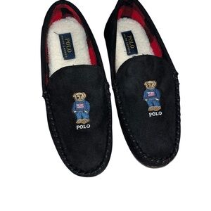 POLO RALPH LAUREN Bear Black Suede Moccasin Slipper Sherpa lined new nwot men 8